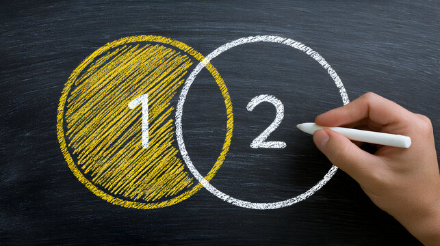 Hand Drawing Venn Diagram With Overlapping Circles Representing One And Two Numbers On A Blackboard