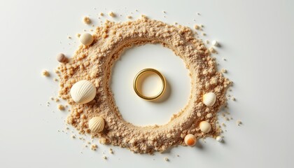 A golden ring surrounded by sand and shells