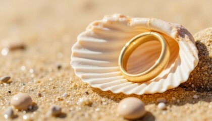 Golden ring resting on a seashell at the beach with sandy background  