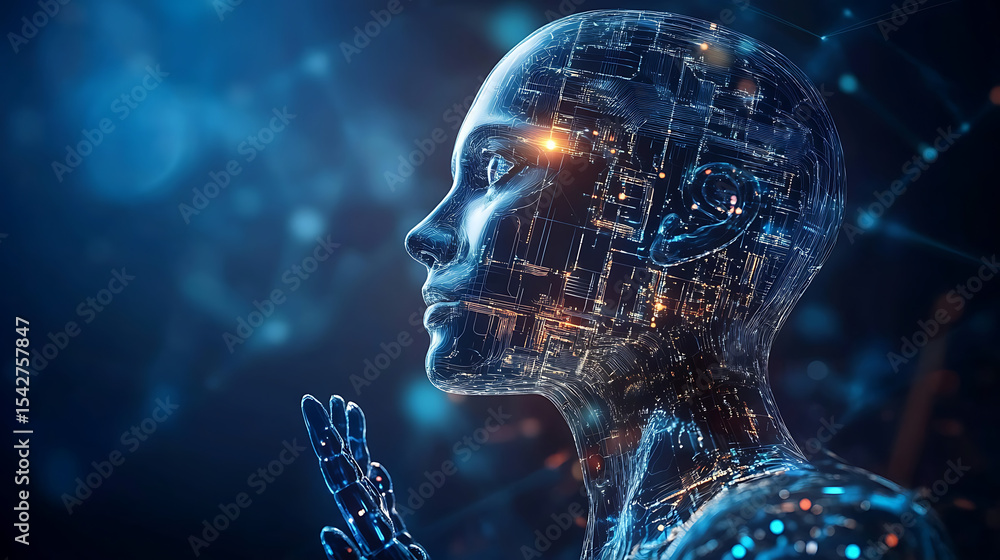Poster a computer generated image of a human face with a glowing eye and a glowing head. the image is a rep