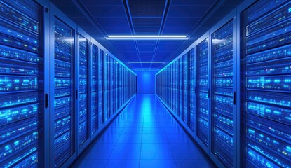 Interior of a server room, lit with blue light.  Rows of server racks extend into the distance