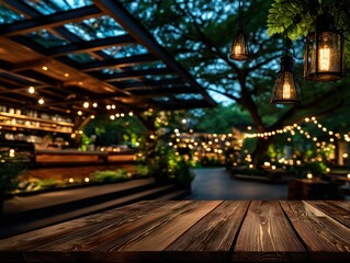 Outdoor bar area at dusk, wooden table