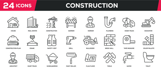Set of collection line icons related construction, building, property. Editable stroke. Perfect pixel on transparent background