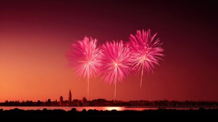 Pink fireworks explode over a city skyline at sunset