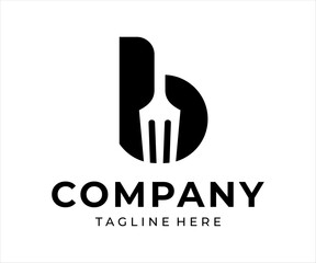 Food logo design that combines the letter b with a fork, using black.