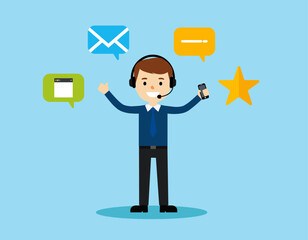 Customer Service Rep with Headset, Phone, and Communication Icons