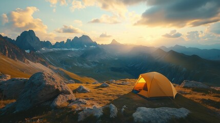 Bright Yellow Tent on Mountain Ridge During Sunset with Dramatic Peaks and Soft Cloudscape.
