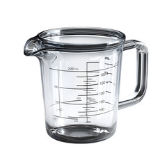 3D transparent measuring cup with marked lines, isolated on pure white background.