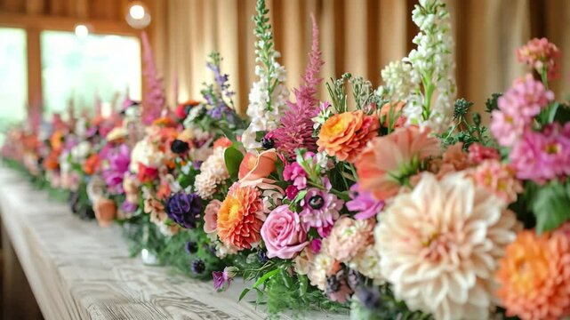 Colorful floral arrangement enhances a rustic wooden table at a gathering in a bright indoor setting