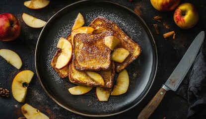 Golden-brown apple french toast, sprinkled with sugar, on a dark plate, surrounded by sliced apples and spices