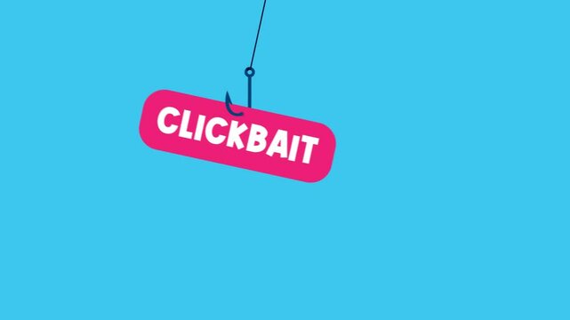 Animation of a red clickbait button dangling from a fish hook, symbolizing online scams, phishing, and deceptive marketing tactics.  
