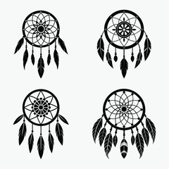 Dreamcatcher silhouette vector set, tribal spiritual design, circular web with feathers