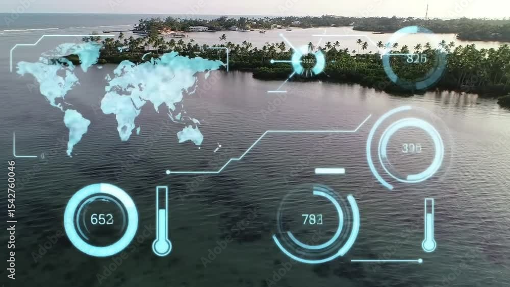 Poster aerial view with digital hud interface showcasing environmental data and world map