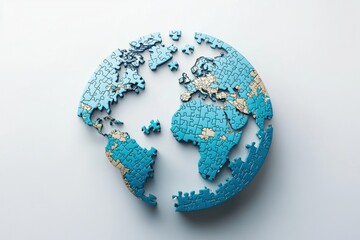 Top-down view of a globe map forming from interlocking blue puzzle parts