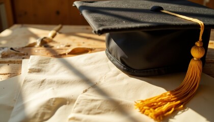 Graduation cap with tassel resting on diploma paper on wooden desk  