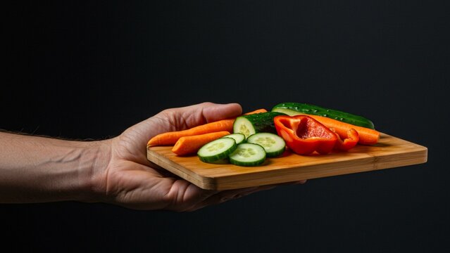 Man's hand holding a small bamboo chopping board with fresh vegetable slices, dark background"