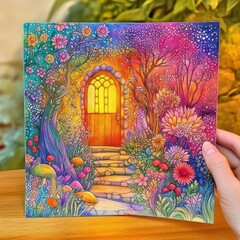 Vibrant colorful whical forest scene with glowing arched door surrounded by lush flowers and trees bright starry sky magical nature landscape artwork