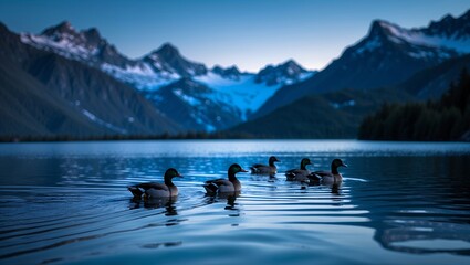 Ducks Swimming on Calm Lake Water with Snowy Mountains Backdrop