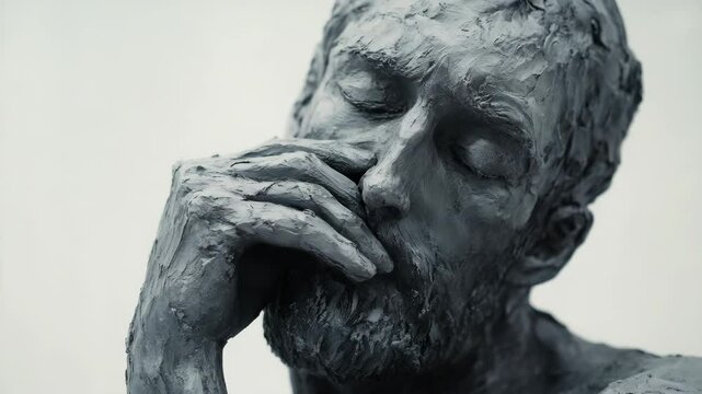 A sculpture of a man with his hand on his face