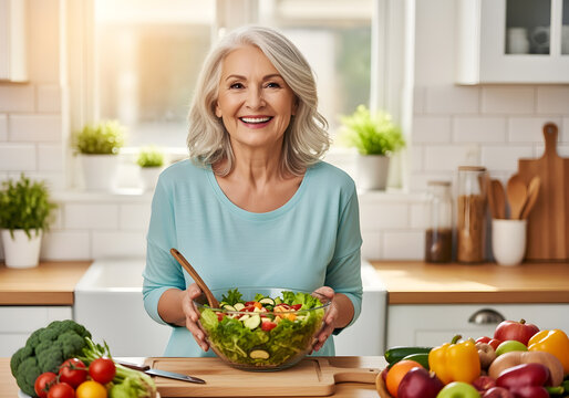 Smiling senior woman is holding a bowl of fresh salad in her kitchen, promoting healthy eating habits and active aging