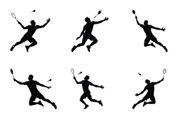 Set of dynamic silhouette of a badminton player icon vector illustration on white background.