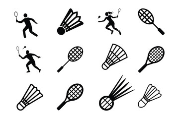 Badminton icon set players shuttlecocks rackets
