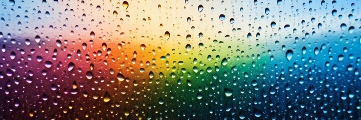 Water droplets on a glass surface with a blurred rainbow gradient background