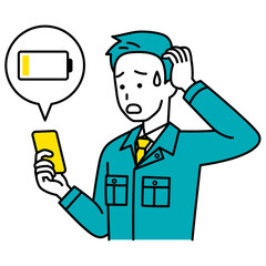 スマートフォンのバッテリーが無くて困っている作業員の男性