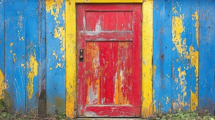 Colorful, weathered door in a blue and yellow wood wall