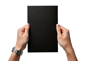 Obraz premium Hands holding empty black certificate mockup isolated on a transparent or white background