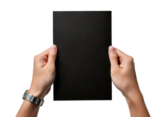 Hands holding empty black certificate mockup isolated on a transparent or white background