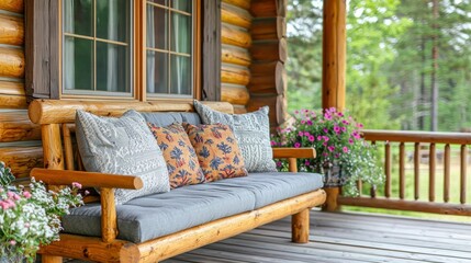 Fototapeta premium Cozy log cabin porch with bench, pillows, and flowers