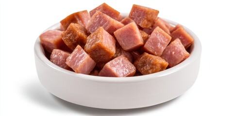 Cubes of dried fruit arranged in a white dish, showcasing their rich color and texture.