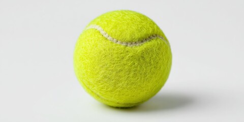 Bright yellow tennis ball on a neutral background, highlighting its texture and design.