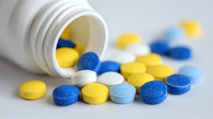 Colorful pills spilled from a bottle, showcasing various sizes and shapes against a light background.