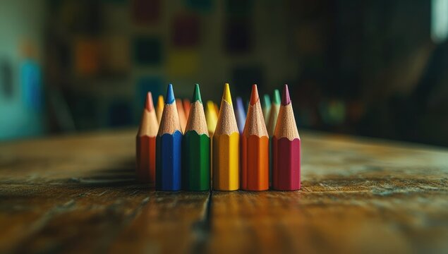 Colorful pencils arranged in a row on a wooden table