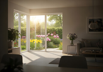 Obraz premium Sunlight streaming through modern pvc window frame, illuminating room and offering view of vibrant garden
