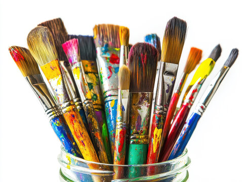 Colorful Paintbrushes in Glass Jar White Background 1 - Powered by Adobe