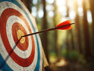 A close-up of a bullseye target with an arrow embedded, surrounded by a serene forest backdrop.
