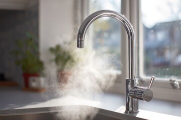 Shiny kitchen faucet with steam rising, creating a cozy and inviting atmosphere.
