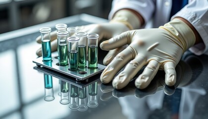 Medical gloves handling test tubes filled with liquid on laboratory table  