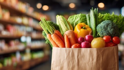 Fresh produce in a paper bag with vibrant vegetables displayed in a grocery store setting.