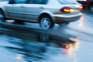 Fototapeta premium Car speeding through wet road surface in heavy rain during twilight, creating splashes and reflections, Moving Across Wet Road Surface