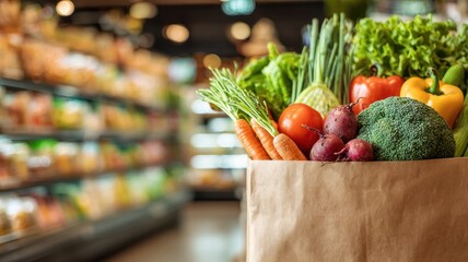Fresh vegetables in a basket, vibrant colors with a grocery store backdrop.