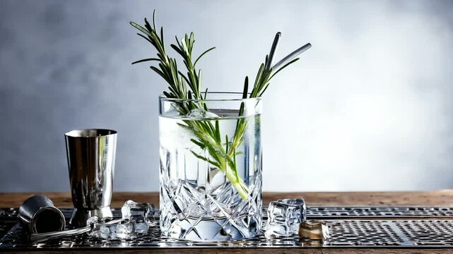 A refreshing cocktail garnished with rosemary sits on a stylish bar counter, with ice and tools nearby