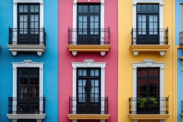 Naklejka premium Vibrant balconies and colorful buildings in Casco Viejo, Panama, Buildings with balconies in Casco Viejo
