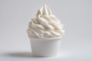Creamy soft serve ice cream in a white cup against a plain background.