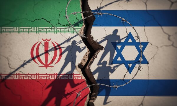 Nation conflict cracked flags and shadowy figures clashing