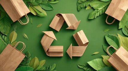 Recycling symbol made of wooden elements surrounded by leaves and eco-friendly shopping bags on a green background.