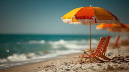 Two beach chairs beneath a striped umbrella on golden sand, evoking coastal calm and summer leisure
